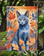 Load image into Gallery viewer, Russian Blue Fall Garden Flag - Cat in Fall Leaves - Cat-Themed Seasonal Yard Decor