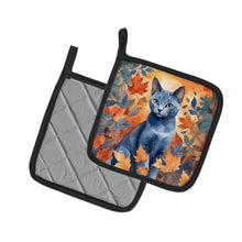 Load image into Gallery viewer, Russian Blue Cat in Fall Leaves Pot Holders - Set of 2 Decorative Kitchen Helpers | Made in the USA