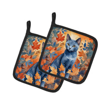 Load image into Gallery viewer, Russian Blue Cat in Fall Leaves Pot Holders - Set of 2 Decorative Kitchen Helpers | Made in the USA