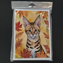 Load image into Gallery viewer, Savannah Cat in Fall Leaves Greeting Cards - Blank Note Cards – 8-Pack of Artist-Designed Cards with Envelopes