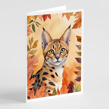 Load image into Gallery viewer, Serengeti Cat in Fall Leaves Greeting Cards - Blank Note Cards – 8-Pack of Artist-Designed Cards with Envelopes