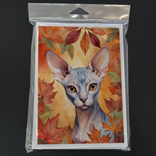 Load image into Gallery viewer, Sphynx Cat in Fall Leaves Greeting Cards - Blank Note Cards – 8-Pack of Artist-Designed Cards with Envelopes