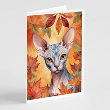 Load image into Gallery viewer, Sphynx Cat in Fall Leaves Greeting Cards - Blank Note Cards – 8-Pack of Artist-Designed Cards with Envelopes