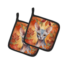 Load image into Gallery viewer, Sphynx Cat in Fall Leaves Pot Holders - Set of 2 Decorative Kitchen Helpers | Made in the USA