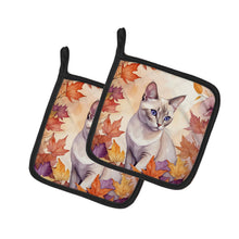 Load image into Gallery viewer, Thai Lilac Cat in Fall Leaves Pot Holders - Set of 2 Decorative Kitchen Helpers | Made in the USA