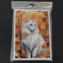 Load image into Gallery viewer, Turkish Angora Cat in Fall Leaves Greeting Cards - Blank Note Cards – 8-Pack of Artist-Designed Cards with Envelopes