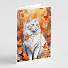 Load image into Gallery viewer, Turkish Angora Cat in Fall Leaves Greeting Cards - Blank Note Cards – 8-Pack of Artist-Designed Cards with Envelopes
