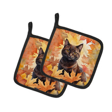 Load image into Gallery viewer, York Chocolate Cat in Fall Leaves Pot Holders - Set of 2 Decorative Kitchen Helpers | Made in the USA
