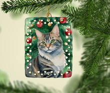 Load image into Gallery viewer, American Bobtail Cat By the Christmas Tree Porcelain Ornament
