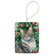 Load image into Gallery viewer, American Bobtail Cat By the Christmas Tree Porcelain Ornament