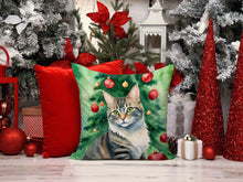 Load image into Gallery viewer, American Bobtail Cat By the Christmas Tree Throw Pillow