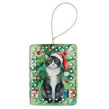Load image into Gallery viewer, American Polydactyl Cat By the Christmas Tree Porcelain Ornament