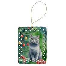 Load image into Gallery viewer, British Shorthair Cat By the Christmas Tree Porcelain Ornament
