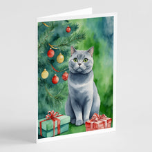 Load image into Gallery viewer, British Shorthair Cat By the Christmas Tree Greeting Cards - Blank Note Cards – 8-Pack of Artist-Designed Cards with Envelopes