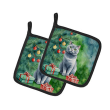 Load image into Gallery viewer, British Shorthair Cat By the Christmas Tree Pot Holders - Set of 2 Decorative Kitchen Helpers | Made in the USA