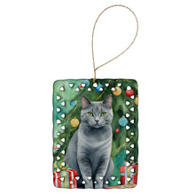 Load image into Gallery viewer, Chartreux Cat By the Christmas Tree Porcelain Ornament