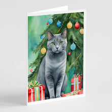 Load image into Gallery viewer, Chartreux Cat By the Christmas Tree Greeting Cards - Blank Note Cards – 8-Pack of Artist-Designed Cards with Envelopes