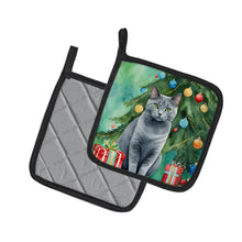Load image into Gallery viewer, Chartreux Cat By the Christmas Tree Pot Holders - Set of 2 Decorative Kitchen Helpers | Made in the USA