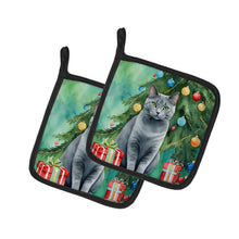 Load image into Gallery viewer, Chartreux Cat By the Christmas Tree Pot Holders - Set of 2 Decorative Kitchen Helpers | Made in the USA