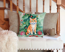 Load image into Gallery viewer, Cheetoh Cat By the Christmas Tree Throw Pillow - 14x14 Decorative Pillow – Art for Your Home &amp; Patio