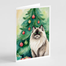 Load image into Gallery viewer, Colorpoint Longhair Cat By the Christmas Tree Greeting Cards - Blank Note Cards – 8-Pack of Artist-Designed Cards with Envelopes