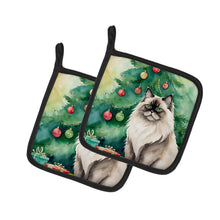 Load image into Gallery viewer, Colorpoint Longhair Cat By the Christmas Tree Pot Holders - Set of 2 Decorative Kitchen Helpers | Made in the USA