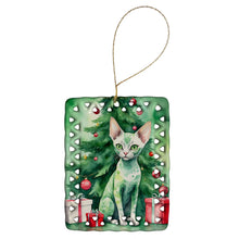 Load image into Gallery viewer, Devon Rex Cat By the Christmas Tree Porcelain Ornament