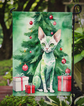 Load image into Gallery viewer, Devon Rex Christmas Garden Flag - Cat by the Christmas Tree - Cat-Themed Holiday Yard Decor