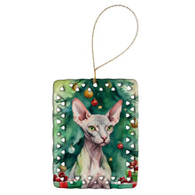 Load image into Gallery viewer, Donskoy Don Sphynx Cat By the Christmas Tree Porcelain Ornament