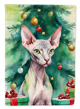 Load image into Gallery viewer, Donskoy Don Sphynx Christmas Garden Flag - Cat by the Christmas Tree - Cat-Themed Holiday Yard Decor
