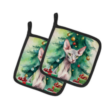 Load image into Gallery viewer, Donskoy Don Sphynx Cat By the Christmas Tree Pot Holders - Set of 2 Decorative Kitchen Helpers | Made in the USA