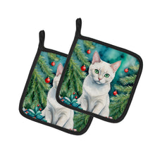 Load image into Gallery viewer, Foreign White Cat By the Christmas Tree Pot Holders - Set of 2 Decorative Kitchen Helpers | Made in the USA