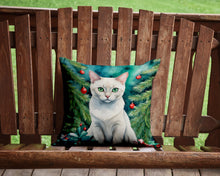 Load image into Gallery viewer, Foreign White Cat By the Christmas Tree Throw Pillow - 14x14 Decorative Pillow – Art for Your Home &amp; Patio