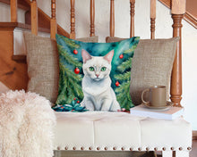 Load image into Gallery viewer, Foreign White Cat By the Christmas Tree Throw Pillow - 14x14 Decorative Pillow – Art for Your Home &amp; Patio