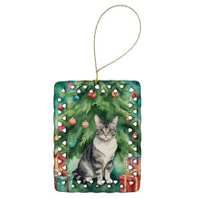 Load image into Gallery viewer, German Rex Cat By the Christmas Tree Porcelain Ornament