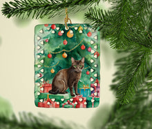 Load image into Gallery viewer, Havana Brown Cat By the Christmas Tree Porcelain Ornament