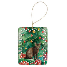 Load image into Gallery viewer, Havana Brown Cat By the Christmas Tree Porcelain Ornament
