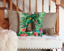 Load image into Gallery viewer, Havana Brown Cat By the Christmas Tree Throw Pillow - 14x14 Decorative Pillow – Art for Your Home &amp; Patio