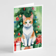 Load image into Gallery viewer, Japanese Bobtail Cat By the Christmas Tree Greeting Cards - Blank Note Cards – 8-Pack of Artist-Designed Cards with Envelopes