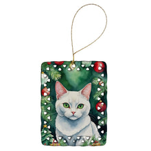 Load image into Gallery viewer, Khao Manee Cat By the Christmas Tree Porcelain Ornament