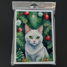 Load image into Gallery viewer, Khao Manee Cat By the Christmas Tree Greeting Cards - Blank Note Cards – 8-Pack of Artist-Designed Cards with Envelopes