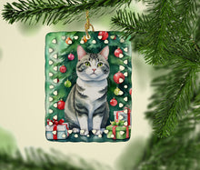 Load image into Gallery viewer, Korean Bobtail Cat By the Christmas Tree Porcelain Ornament