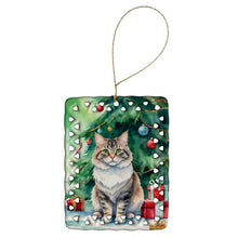 Load image into Gallery viewer, Kurilian Bobtail Cat By the Christmas Tree Porcelain Ornament