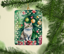 Load image into Gallery viewer, Li Hua Cat By the Christmas Tree Porcelain Ornament