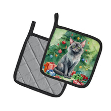 Load image into Gallery viewer, Lykoi Cat By the Christmas Tree Pot Holders - Set of 2 Decorative Kitchen Helpers | Made in the USA
