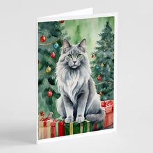 Load image into Gallery viewer, Nebelung Cat By the Christmas Tree Greeting Cards - Blank Note Cards – 8-Pack of Artist-Designed Cards with Envelopes