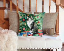 Load image into Gallery viewer, Norwegian Forest Cat By the Christmas Tree Throw Pillow - 14x14 Decorative Pillow – Art for Your Home &amp; Patio