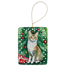 Load image into Gallery viewer, Oregon Rex Cat By the Christmas Tree Porcelain Ornament