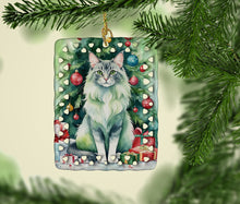 Load image into Gallery viewer, Oriental Longhair Cat By the Christmas Tree Porcelain Ornament