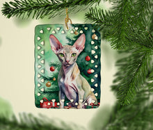 Load image into Gallery viewer, Peterbald Cat By the Christmas Tree Porcelain Ornament